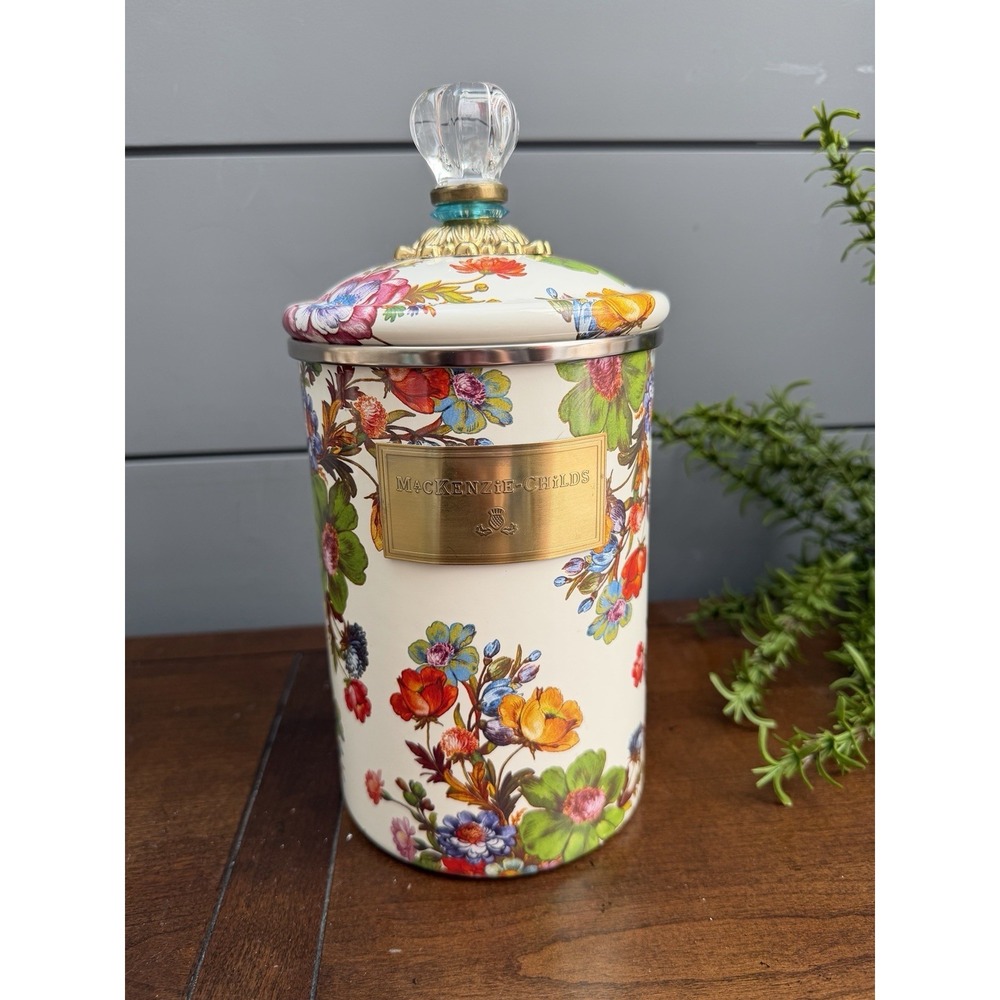 MacKenzie-Childs White Flower Market Large Enamel Canister 9.75 Inch NWOB Sweet!
